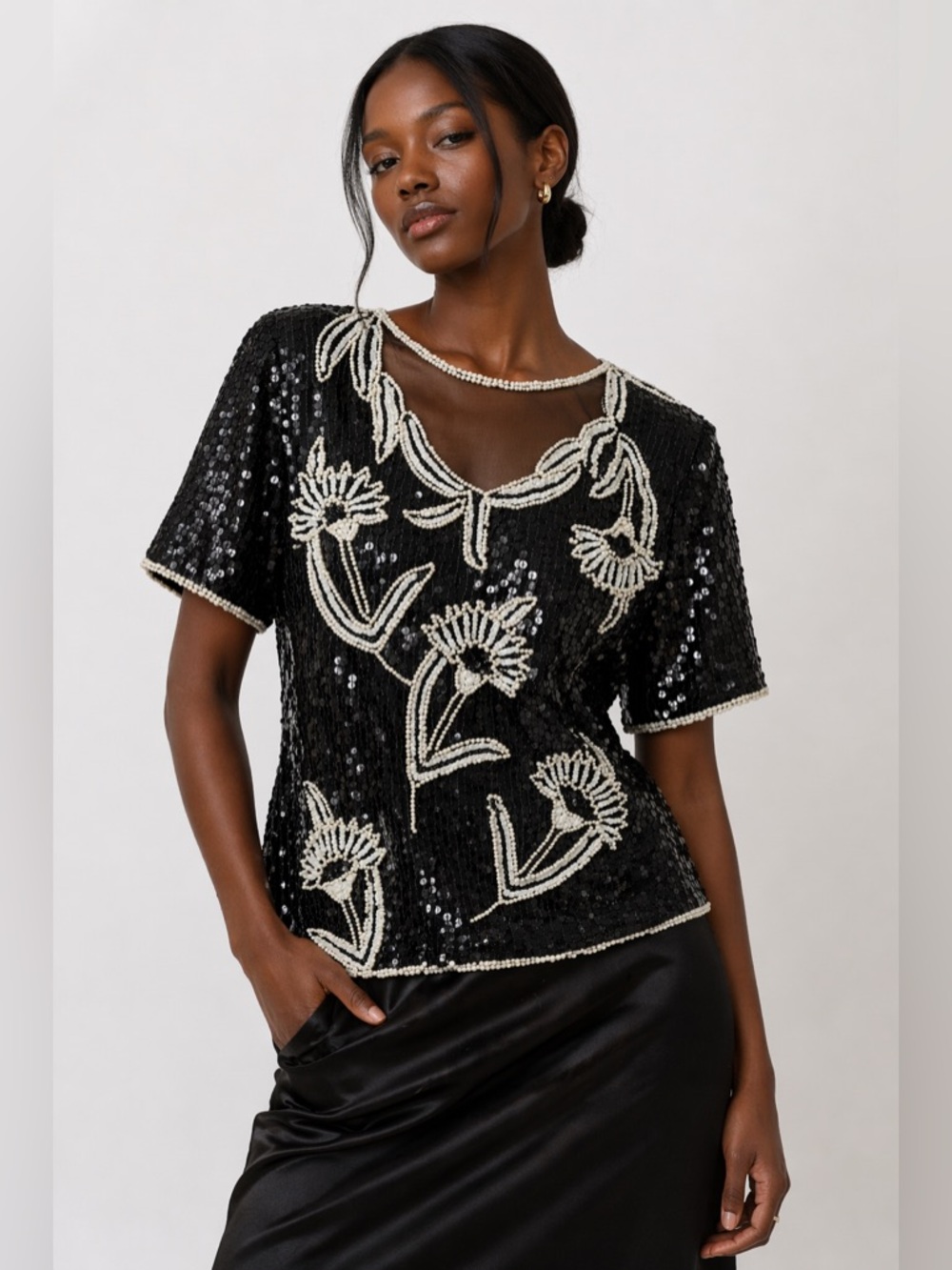 Vintage Stenay Black Beaded Blouse with Illusion Neckline